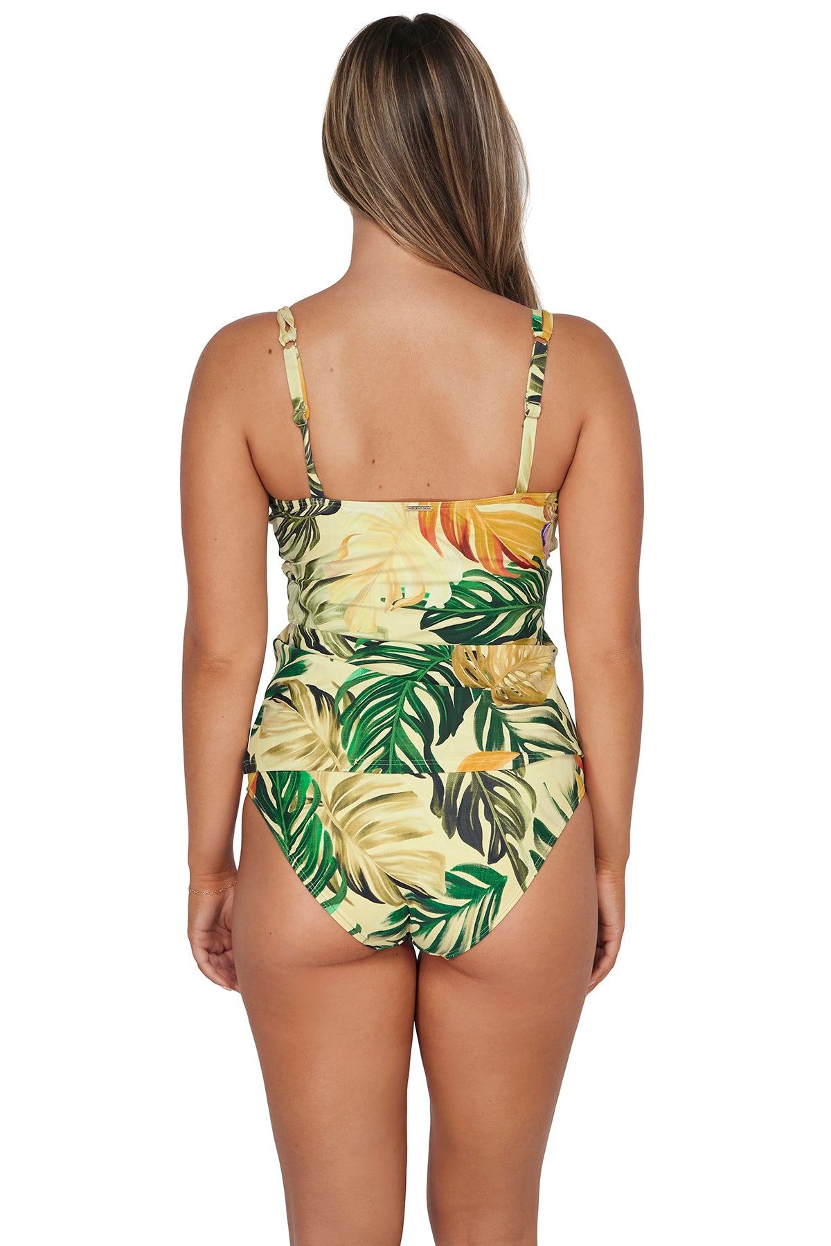 Back pose #1 of Taylor wearing Sunsets Amber Oasis Taylor Tankini Top paired matching Hannah High Waist Bottom