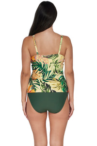 Back pose #1 of Nicki wearing Sunsets Amber Oasis Taylor Tankini Top with coordinating Island Green Bottom