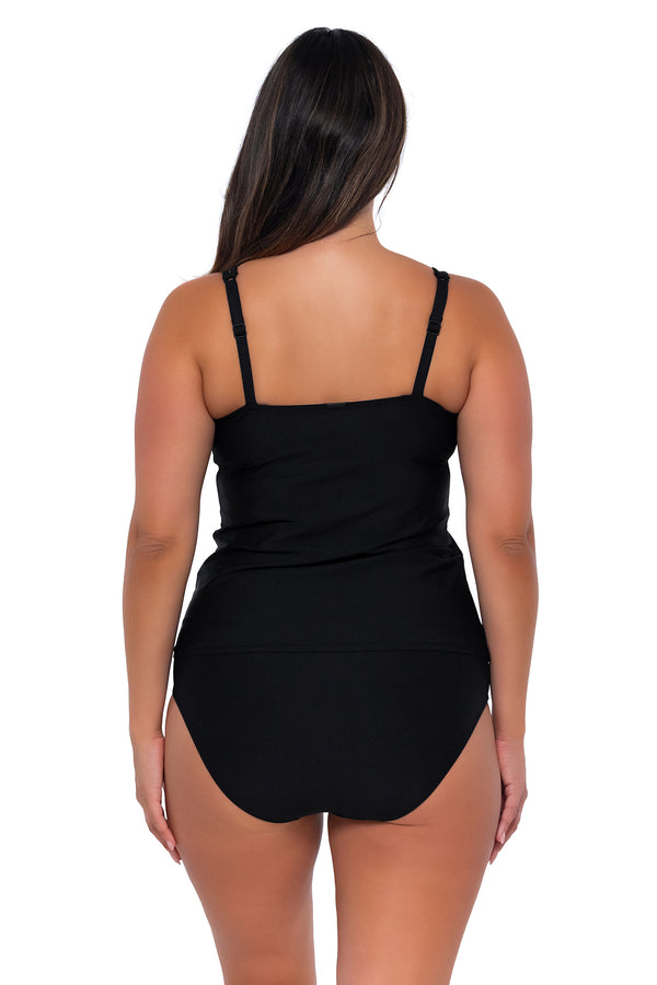 Back pose #1 of Nicky wearing Sunsets Black Taylor Tankini Top with matching Hannah High Waist bikini bottom