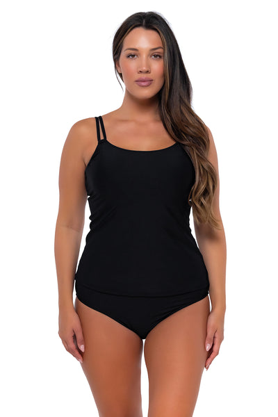 Front pose #1 of Nicky wearing Sunsets Black Taylor Tankini Top with matching Hannah High Waist bikini bottom