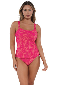 Front pose #1 of Taylor wearing Sunsets Blushing Palms Sandbar Rib Taylor Tankini Top