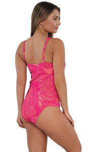 Oblique pose #1 of Taylor wearing Sunsets Blushing Palms Sandbar Rib Taylor Tankini Top