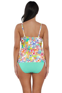 Back pose #1 of Nicki wearing Sunsets Botanical Bliss Sandbar Rib Taylor Tankini Top