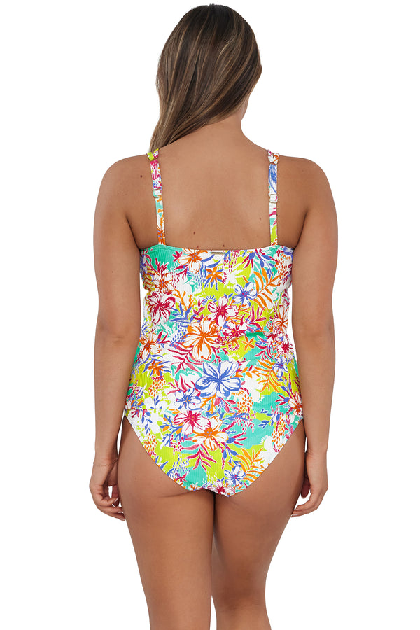 Back pose #1 of Taylor wearing Sunsets Botanical Bliss Sandbar Rib Taylor Tankini Top