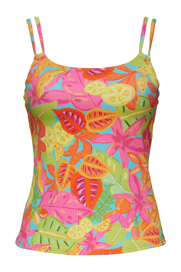 Front pose #1 of a floating garment shot featuring Sunsets Citrus Grove Sandbar Rib Taylor Tankini Top