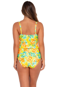 Back pose #1 of Taylor wearing Sunsets Golden Tropics Sandbar Rib Taylor Tankini Top with matching Hannah High Waist bikini bottom