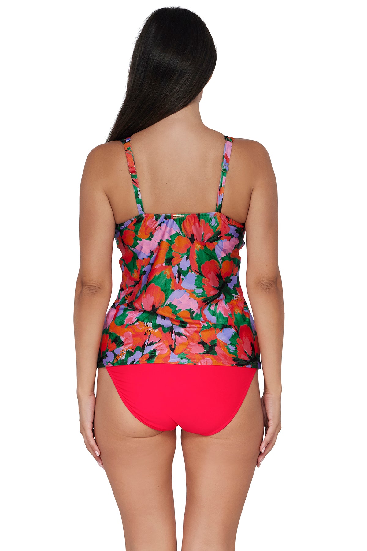 Back pose #1 of Nicki wearing Sunsets Hummingbird Cove Taylor Tankini Top paired with coordinating Geranium Capri High Waist Bottom