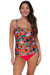 Front pose #1 of Nicki wearing Sunsets Hummingbird Cove Taylor Tankini Top paired with coordinating Geranium Capri High Waist Bottom