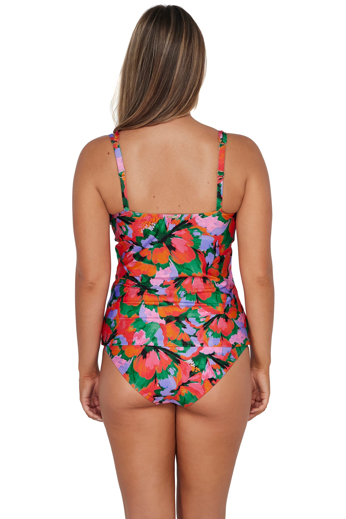 Back pose #1 of Taylor wearing Sunsets Hummingbird Cove Taylor Tankini Top paired with matching Carpi High Waist Bottom