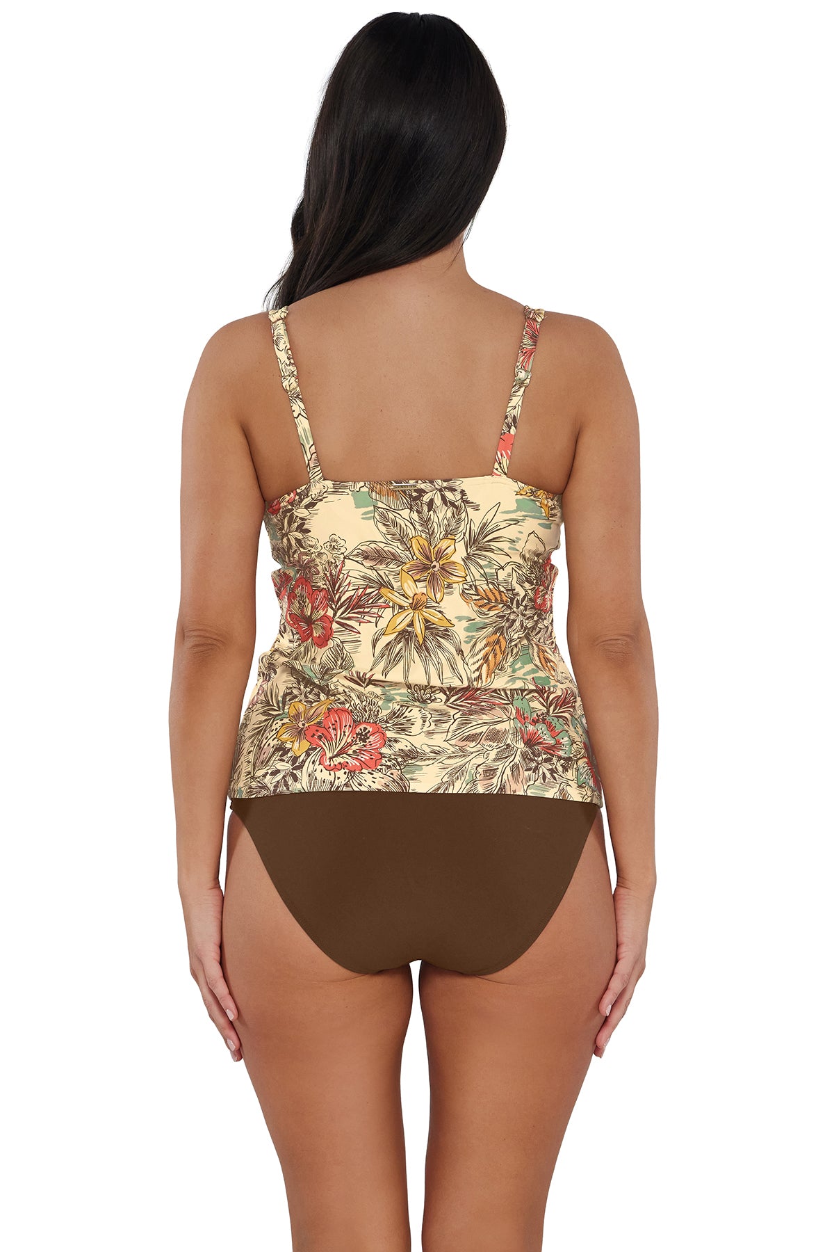 Back pose #1 of Nicki wearing Sunsets Island Spice Taylor Tankini Top