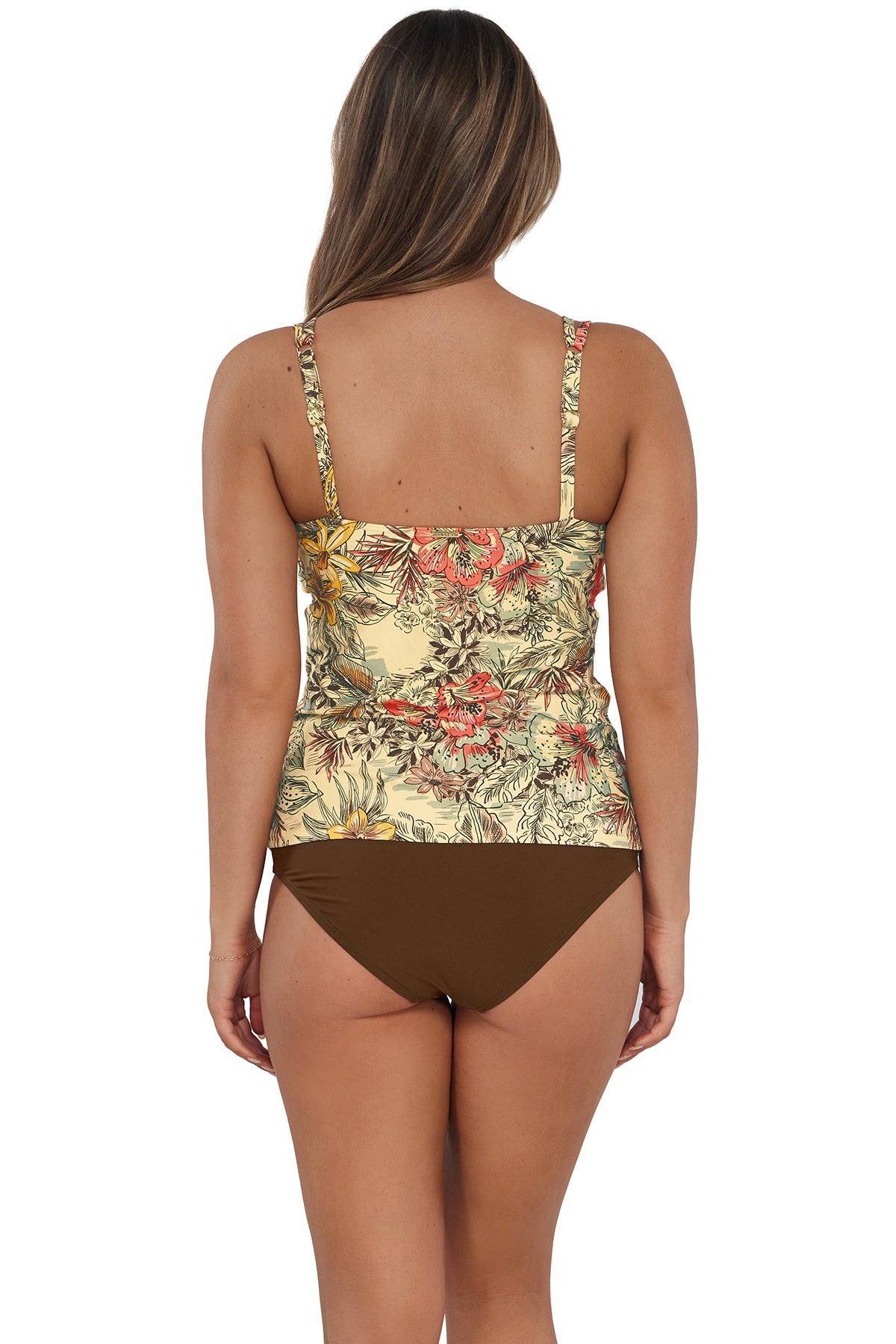 Back pose #1 of Taylor wearing Sunsets Island Spice Taylor Tankini Top