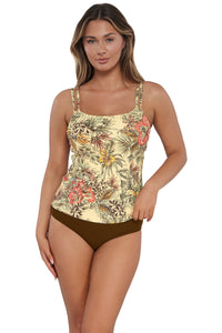 Front pose #1 of Taylor wearing Sunsets Island Spice Taylor Tankini Top