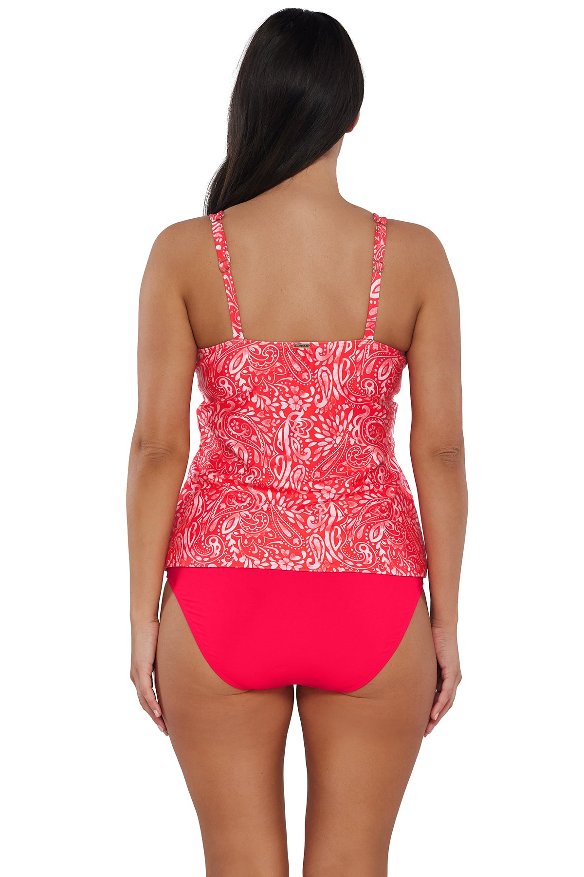 Back pose #1 of Nicki wearing Sunsets Majorca Taylor Tankini Top paired with coordinating Geranium Hannah High Waist Bottom