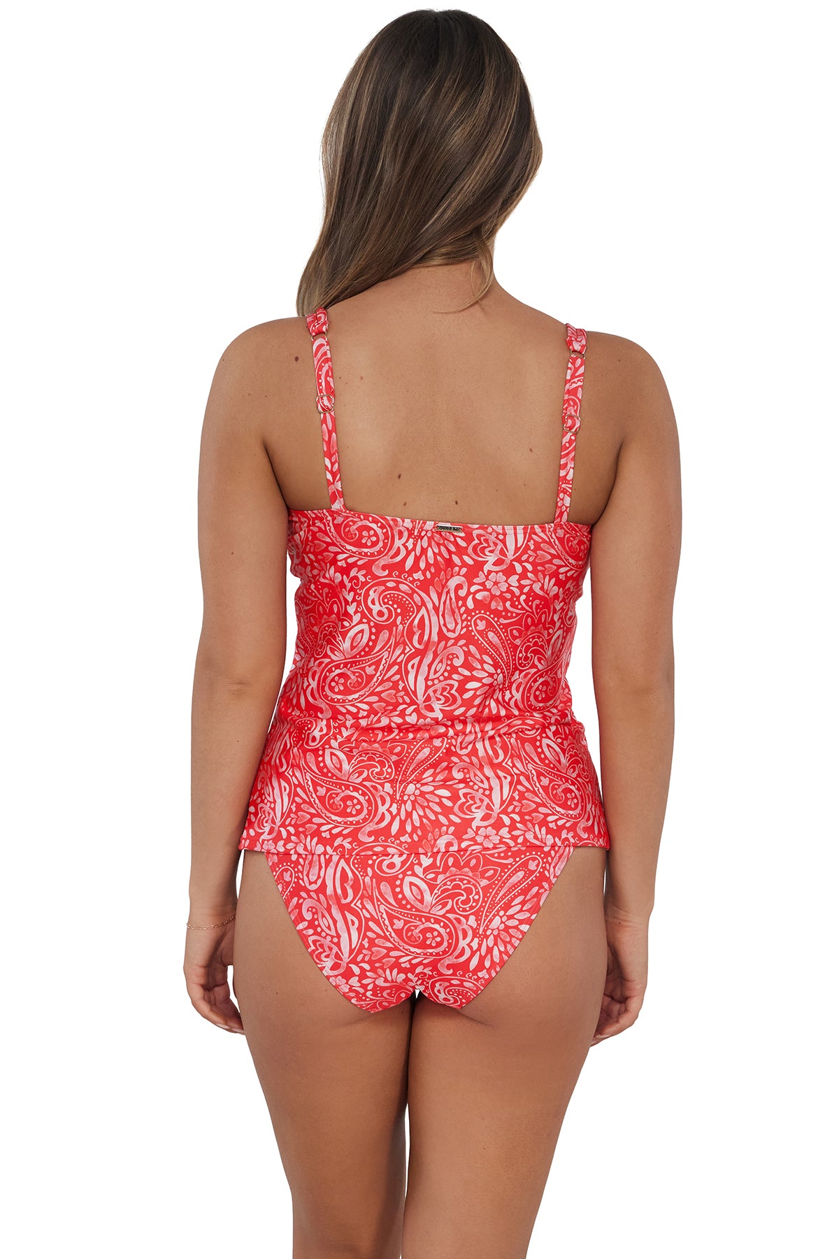 Back pose #1 of Taylor wearing Sunsets Majorca Taylor Tankini Top paired with matching Annie High Waist Bottom