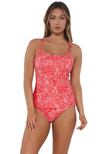 Front pose #1 of Taylor wearing Sunsets Majorca Taylor Tankini Top paired with matching Annie High Waist Bottom