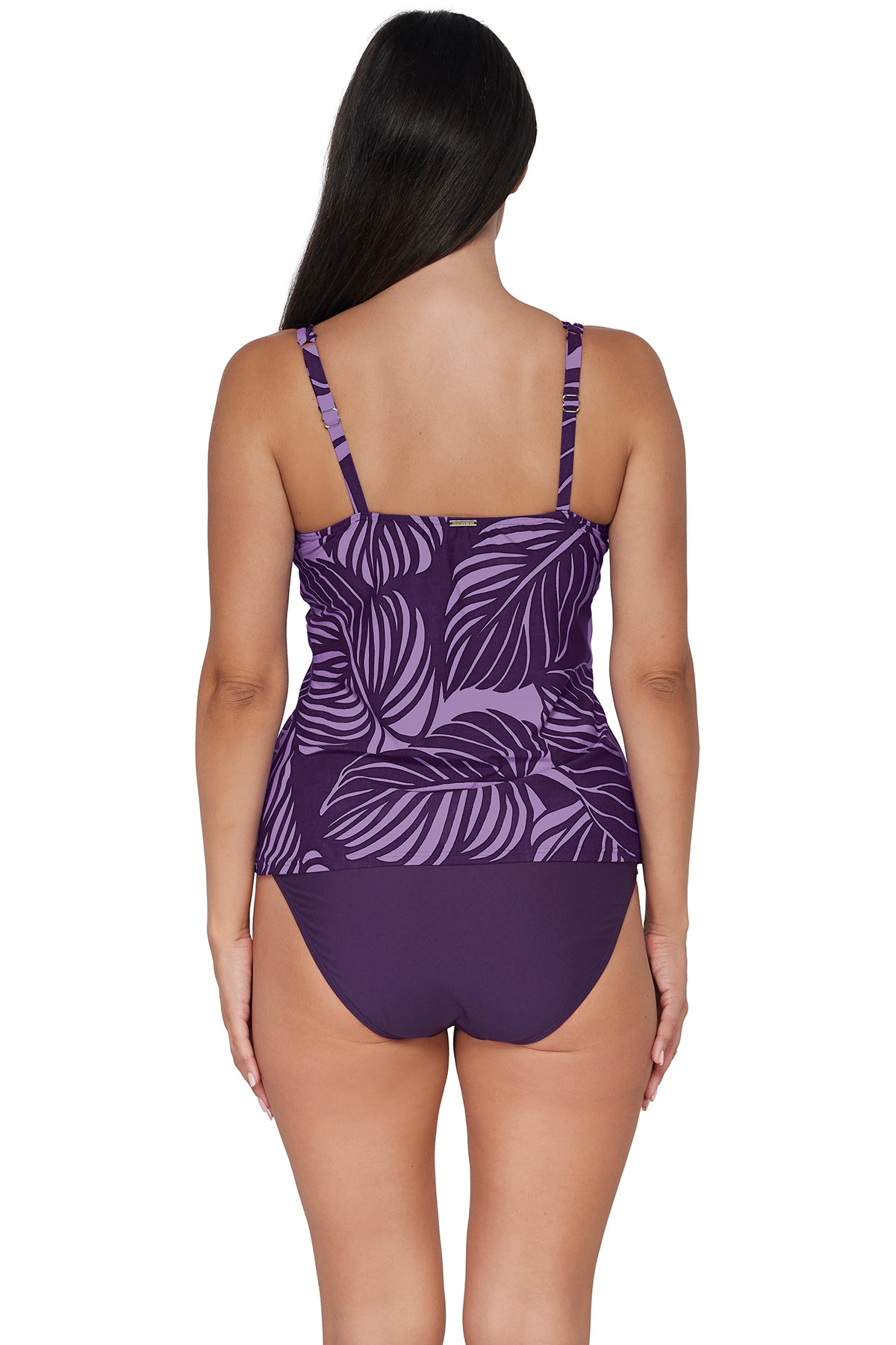 Back pose #1 of Nicki wearing Sunsets Mystic Palms Taylor Tankini Top paired with coordinating Paradise Plum Hannah High Waist Bottom