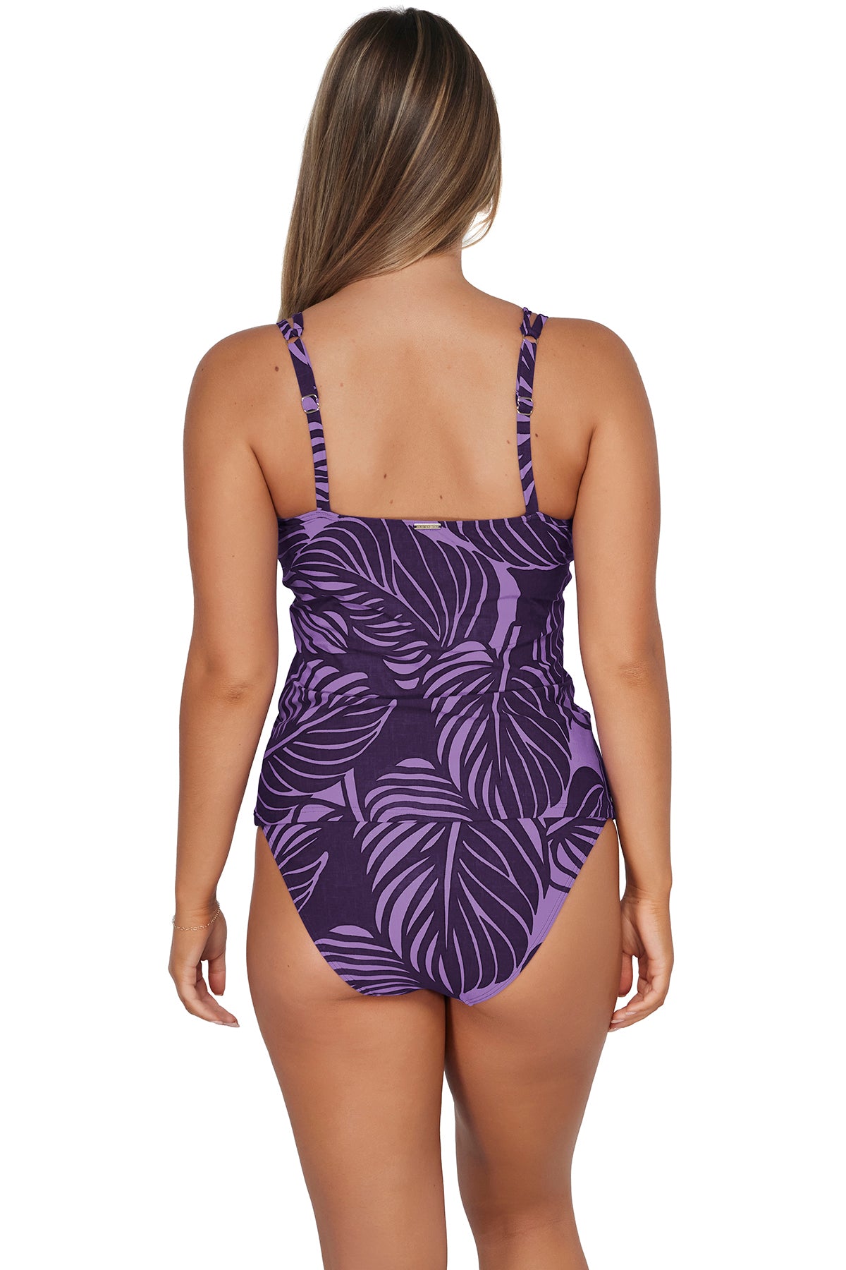 Back pose #1 of Taylor wearing Sunsets Mystic Palms Taylor Tankini Top paired with matching Annie High Waist Bottom