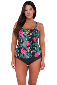 Front pose #1 of Nicki wearing Sunsets Twilight Blooms Taylor Tankini Top paired with Hannah High Waist bikini bottom