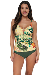 Front pose #1 of Nicki wearing Sunsets Amber Oasis Zuri V-Wire Tankini Top paired with coordinating Island Green Bottom