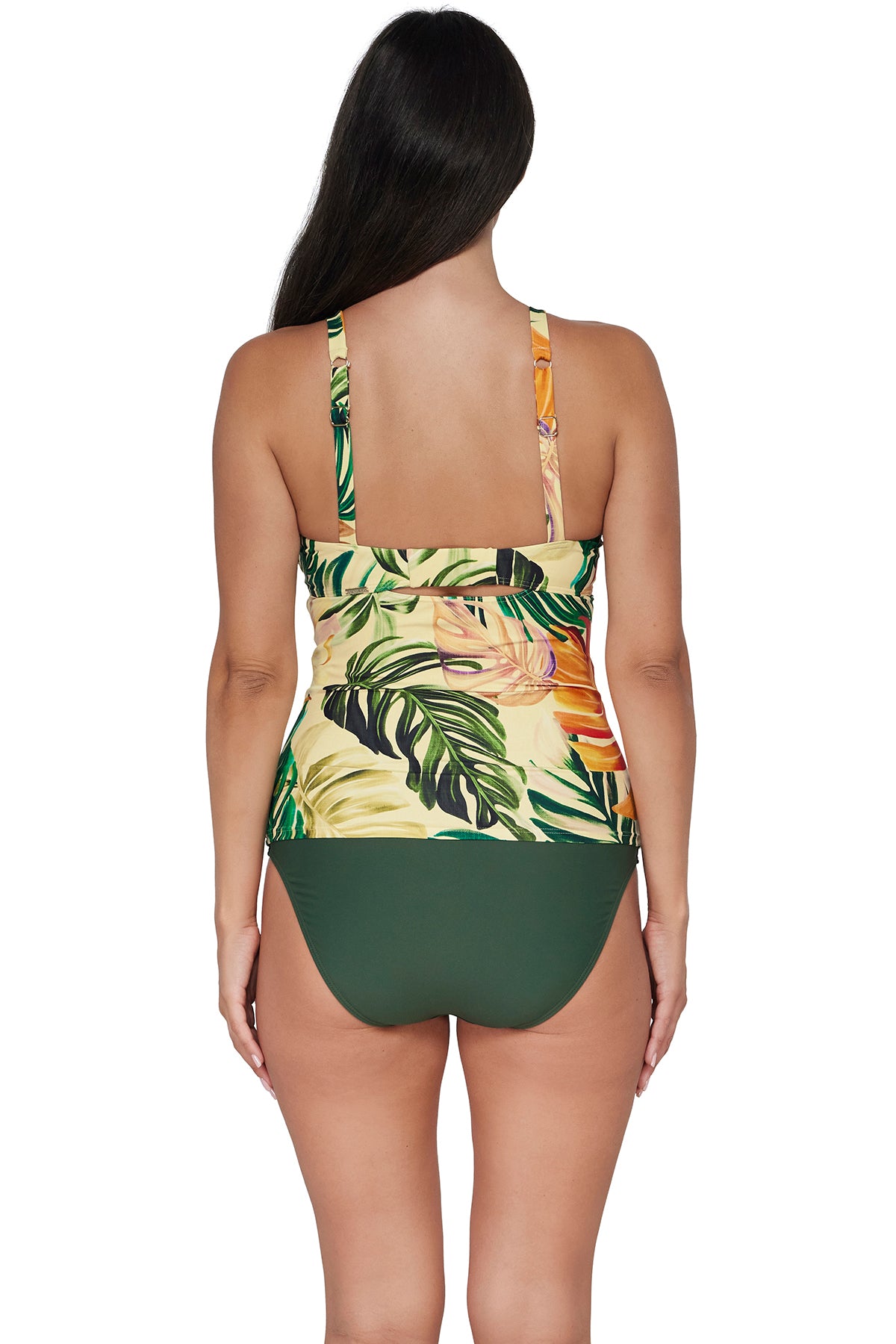 Back pose #1 of Nicki wearing Sunsets Amber Oasis Zuri V-Wire Tankini Top paired with coordinating Island Green Bottom