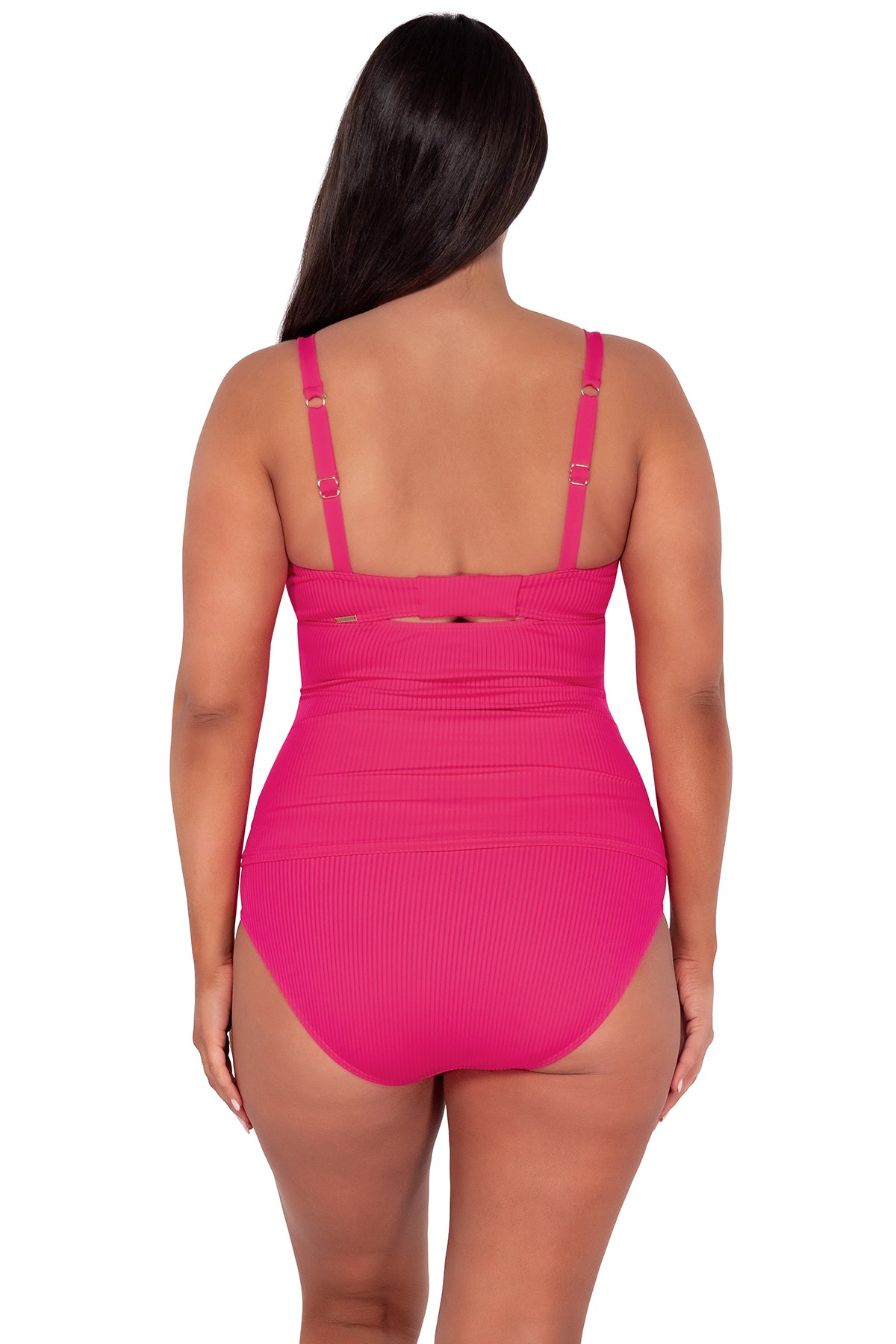 Back pose #1 of Nicki wearing Sunsets Begonia Sandbar Rib Zuri V-Wire Tankini Top paired with Hannah High Waist bikini bottom