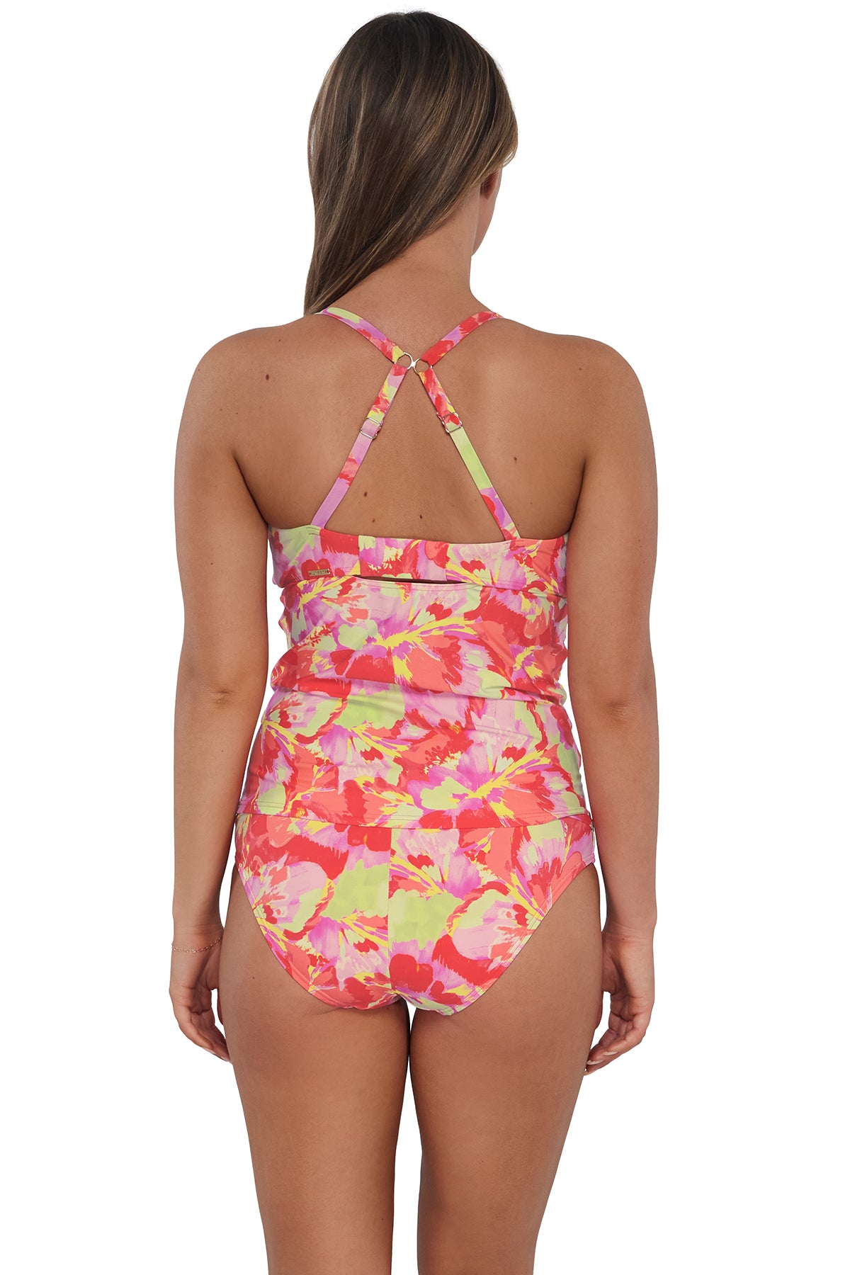 Back pose #1 of Taylor wearing Sunsets Butterfly Beach Zuri V-Wire Tankini Top showing crossback straps