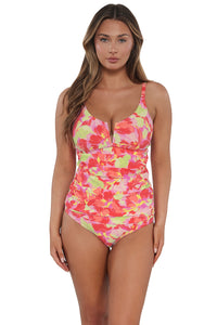 Front pose #1 of Taylor wearing Sunsets Butterfly Beach Zuri V-Wire Tankini Top