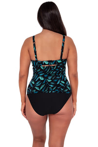Back pose #1 of Nicki wearing Sunsets Cascade Seagrass Texture Zuri V-Wire Tankini Top paired with Hannah High Waist bikini bottom