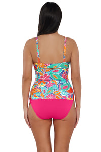 Back pose #1 of Nicki wearing Sunsets Festive Floral Sandbar Rib Zuri V-Wire Tankini Top