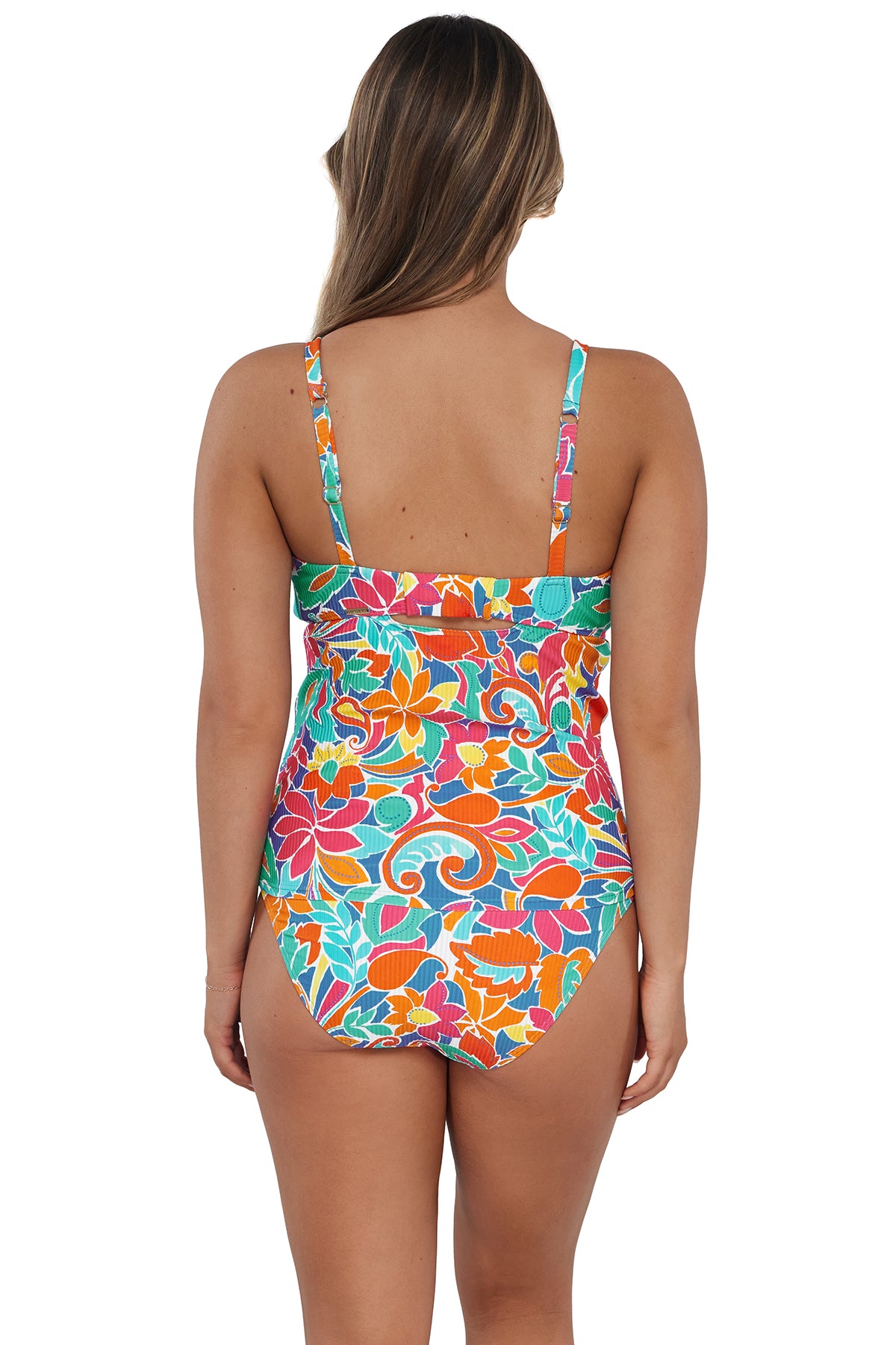 Back pose #1 of Taylor wearing Sunsets Festive Floral Sandbar Rib Zuri V-Wire Tankini Top