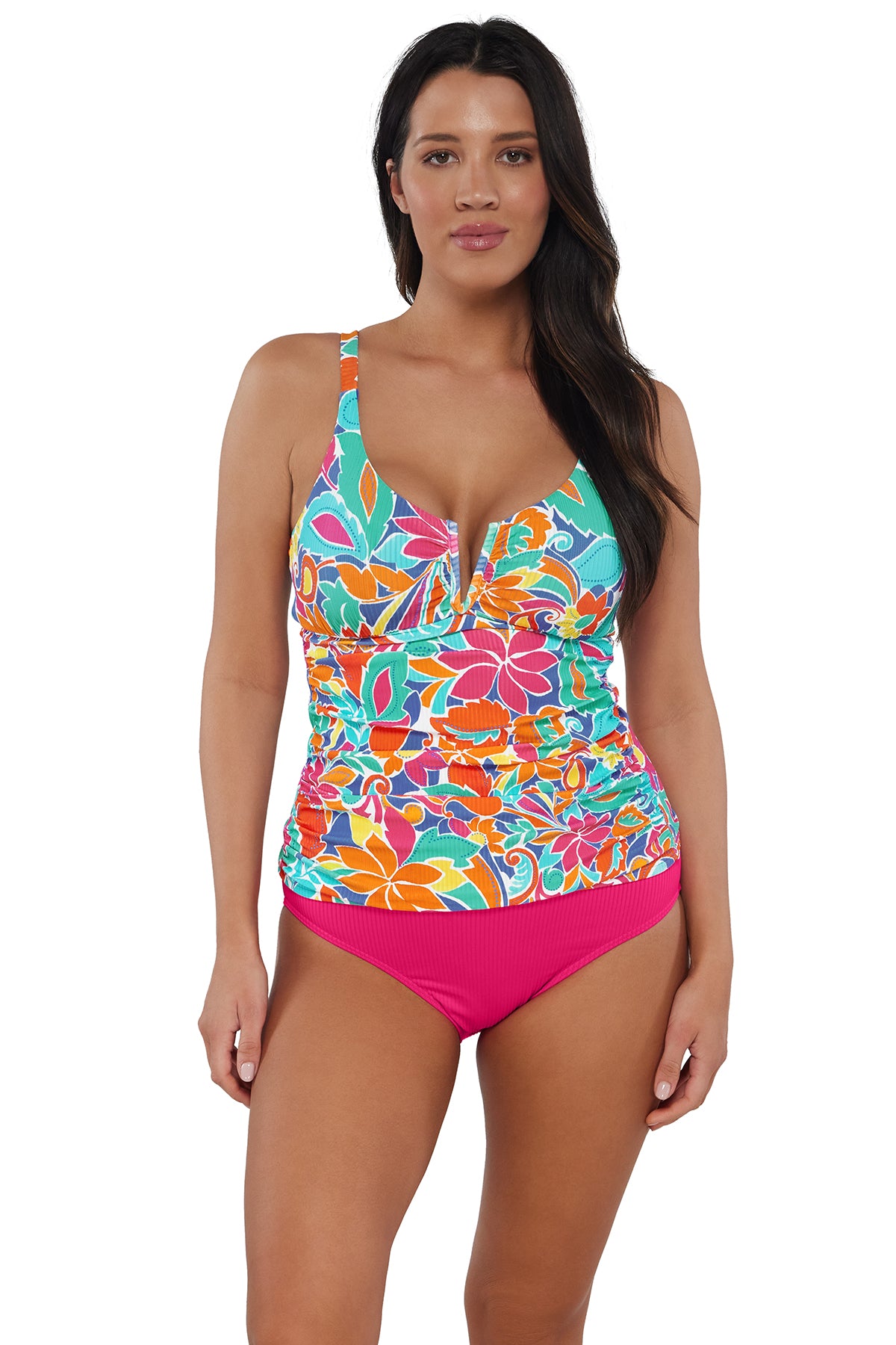 Front pose #1 of Nicki wearing Sunsets Festive Floral Sandbar Rib Zuri V-Wire Tankini Top