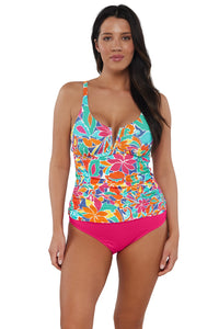 Front pose #1 of Nicki wearing Sunsets Festive Floral Sandbar Rib Zuri V-Wire Tankini Top