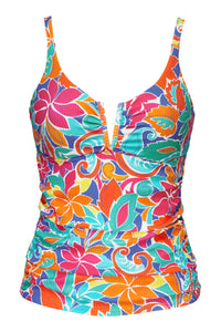 Front pose #1 of a floating garment shot featuring Sunsets Festive Floral Sandbar Rib Zuri V-Wire Tankini Top