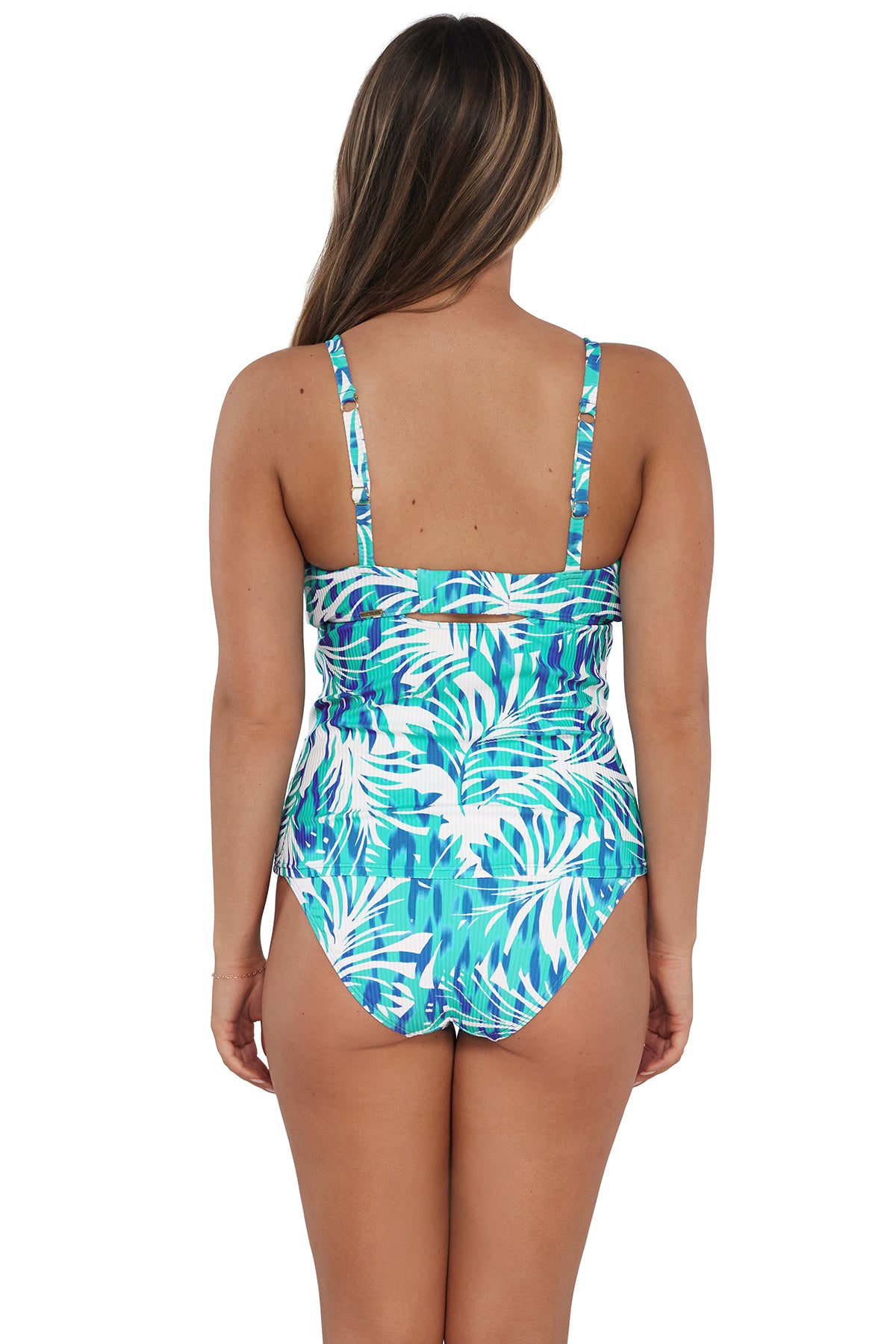 Back pose #1 of Taylor wearing Sunsets Sea Breeze Sandbar Rib Zuri V-Wire Tankini Top