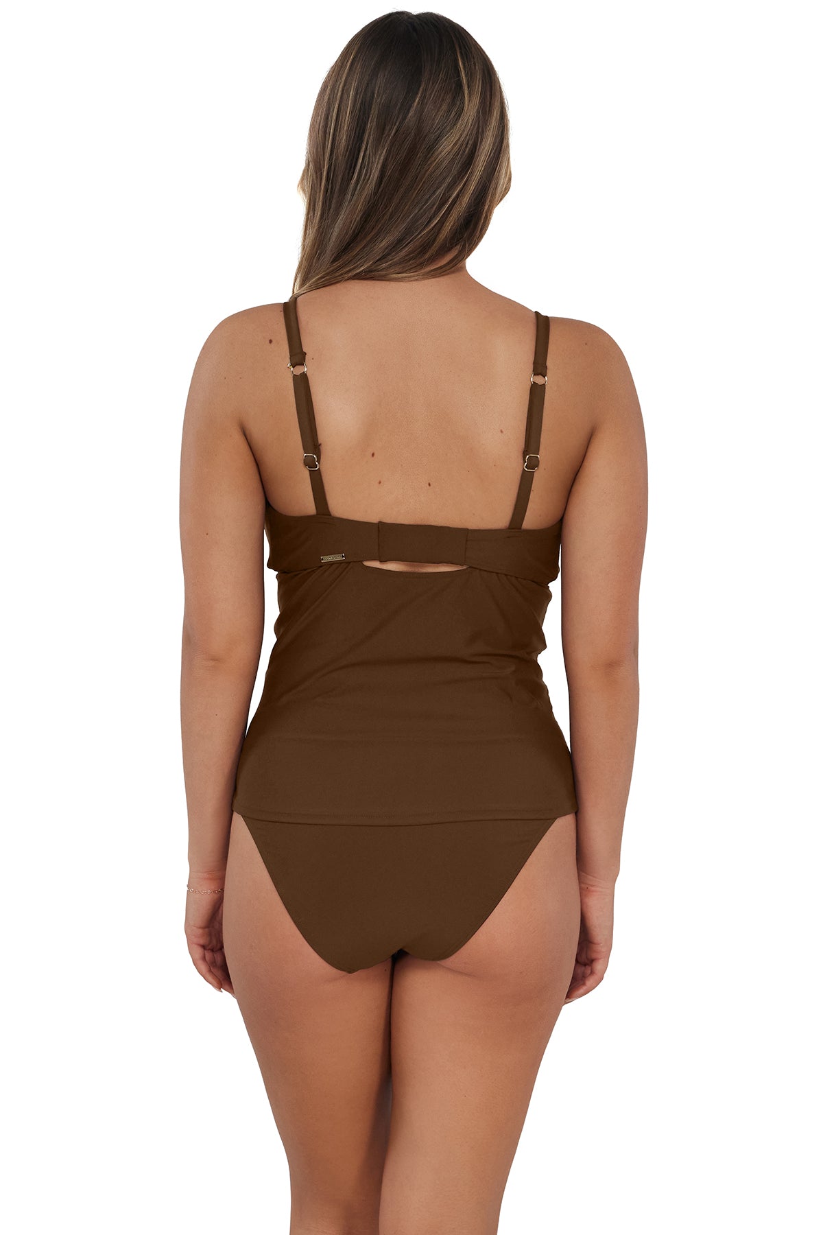 pose #1 of Taylor wearing Sunsets Tiki Brown Zuri V-Wire Tankini Top