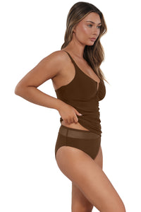 Quarter pose #1 of Taylor wearing Sunsets Tiki Brown Zuri V-Wire Tankini Top