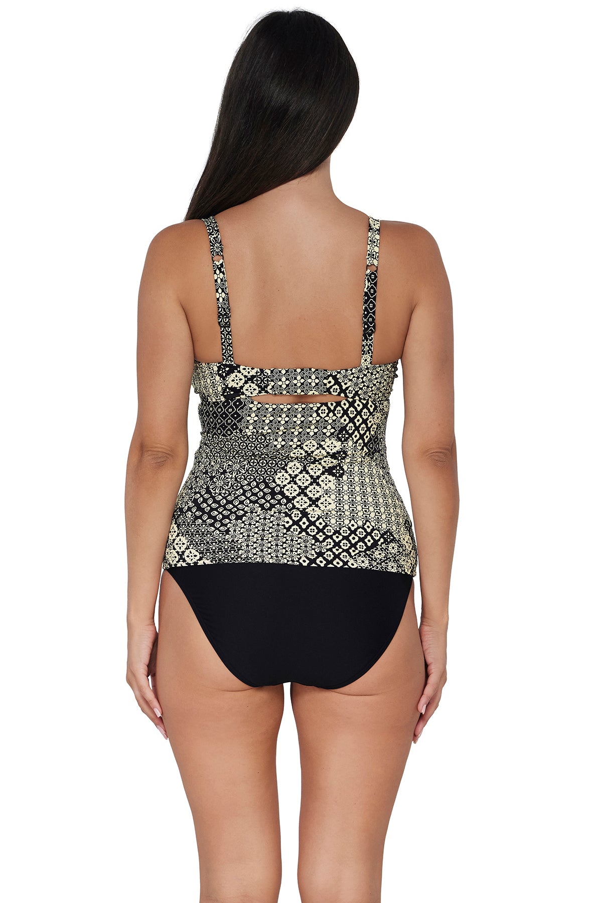 Back pose #1 of Nicki wearing Sunsets Venice Seagrass Texture Zuri V-Wire Tankini Top paired with coordinating black Hannah High Waist Bottom