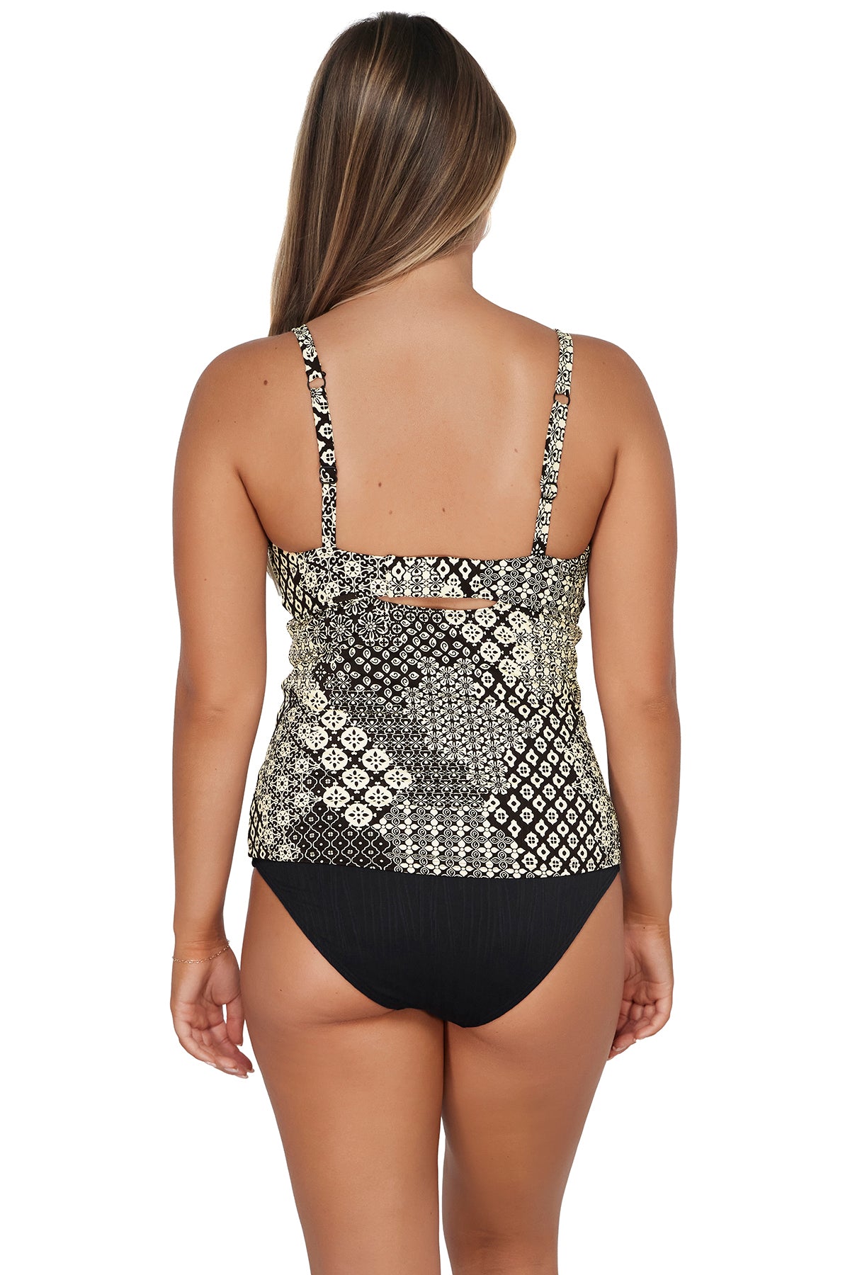 Back pose #1 of Taylor wearing Sunsets Venice Seagrass Texture Zuri V-Wire Tankini Top paired with matching Capri High Waist Bottom