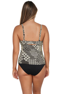 Back pose #1 of Taylor wearing Sunsets Venice Seagrass Texture Zuri V-Wire Tankini Top