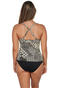 Back pose #1 of Taylor wearing Sunsets Venice Seagrass Texture Zuri V-Wire Tankini Top showing crossback straps