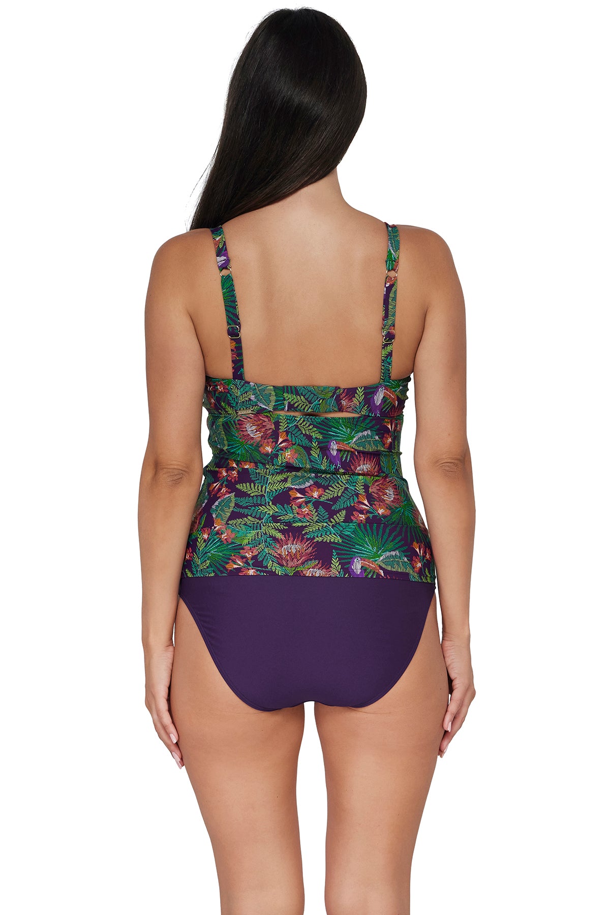 Back pose #1 of Nicki wearing Sunsets Welcome To Rio Zuri V-Wire Tankini Top paired with coordinating Paradise Plum Hannah High Waist Bottom