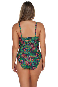 Back pose #1 of Taylor wearing Sunsets Welcome To Rio Zuri V-Wire Tankini Top paired with matching Hannah High Waist Bottom