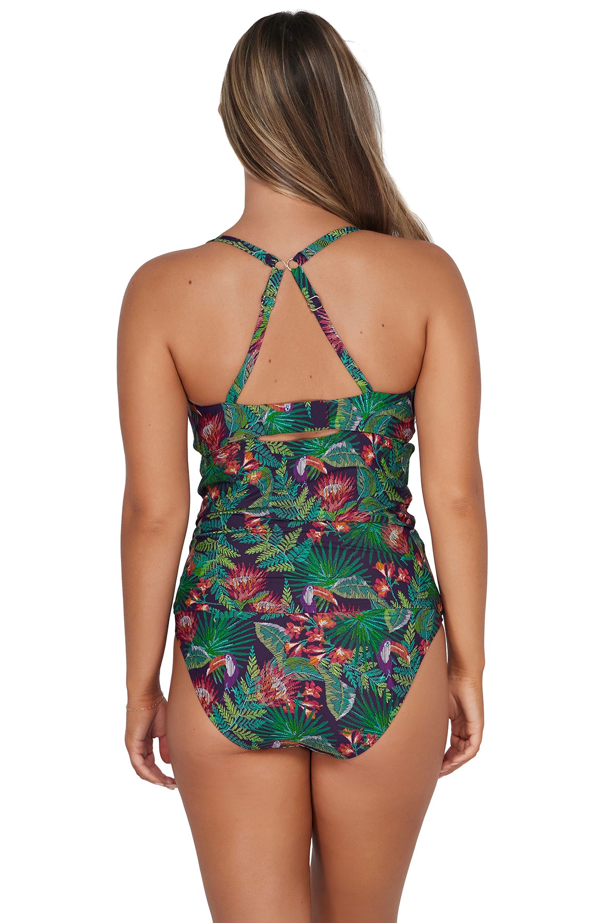 Back pose #1 of Taylor wearing Sunsets Welcome To Rio Zuri V-Wire Tankini Top showing crossback straps paired with matching Hannah High Waist Bottom