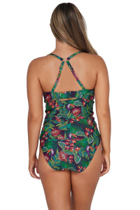 Back pose #1 of Taylor wearing Sunsets Welcome To Rio Zuri V-Wire Tankini Top showing crossback straps paired with matching Hannah High Waist Bottom