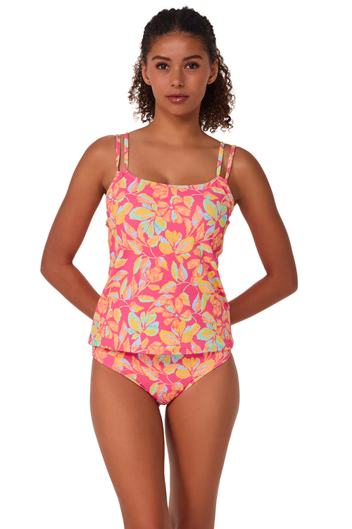 Front pose #1 of Brita wearing Sunsets Magic Hour Crepe Taylor Tankini Top