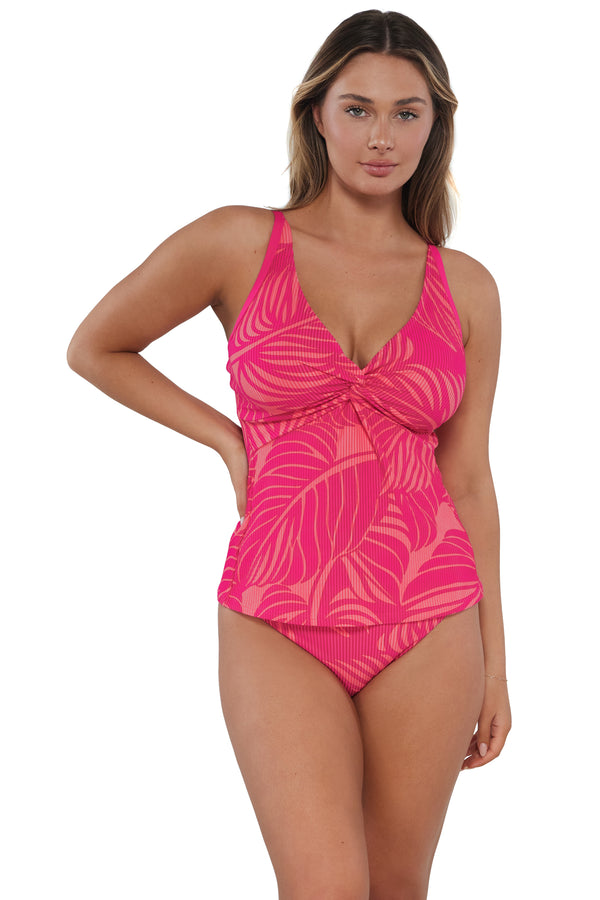 Active pose #1 of Taylor wearing Sunsets Blushing Palms Sandbar Rib Forever Tankini Top