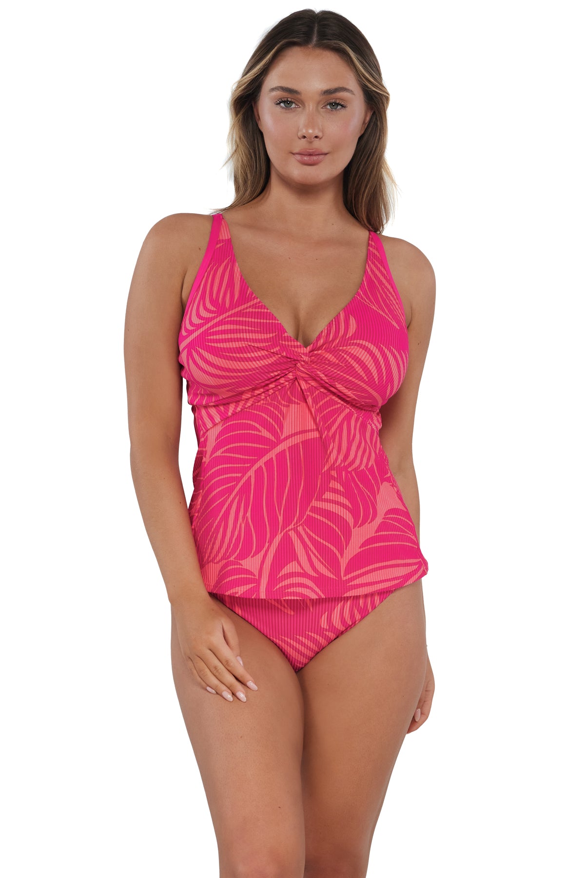 Front pose #1 of Taylor wearing Sunsets Blushing Palms Sandbar Rib Forever Tankini Top