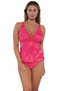 Front pose #1 of Taylor wearing Sunsets Blushing Palms Sandbar Rib Forever Tankini Top