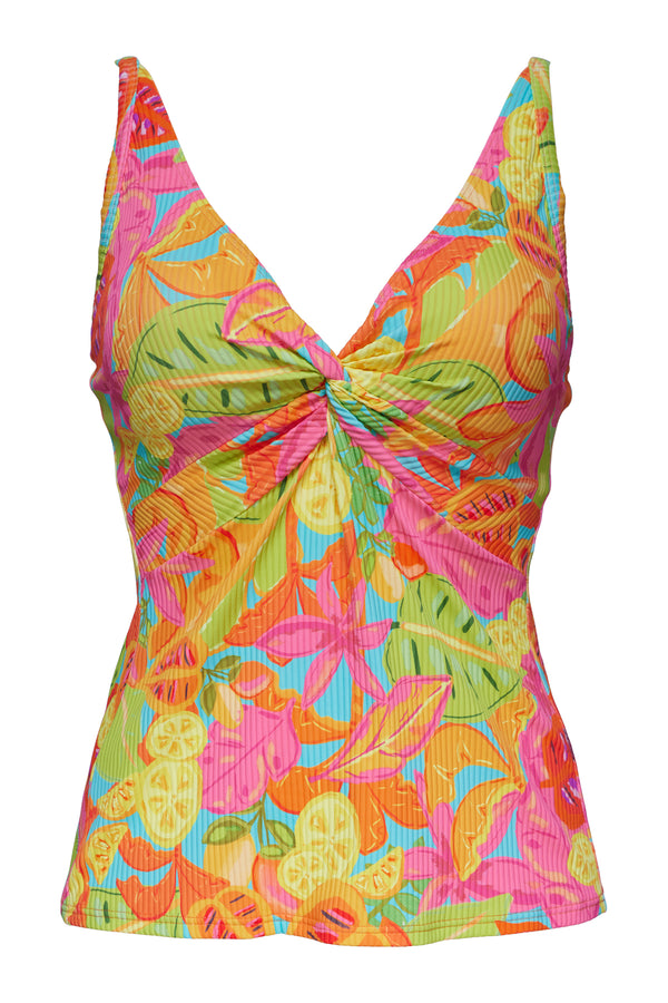 Front pose #1 of a floating garment shot featuring Sunsets Citrus Grove Sandbar Rib Forever Tankini Top