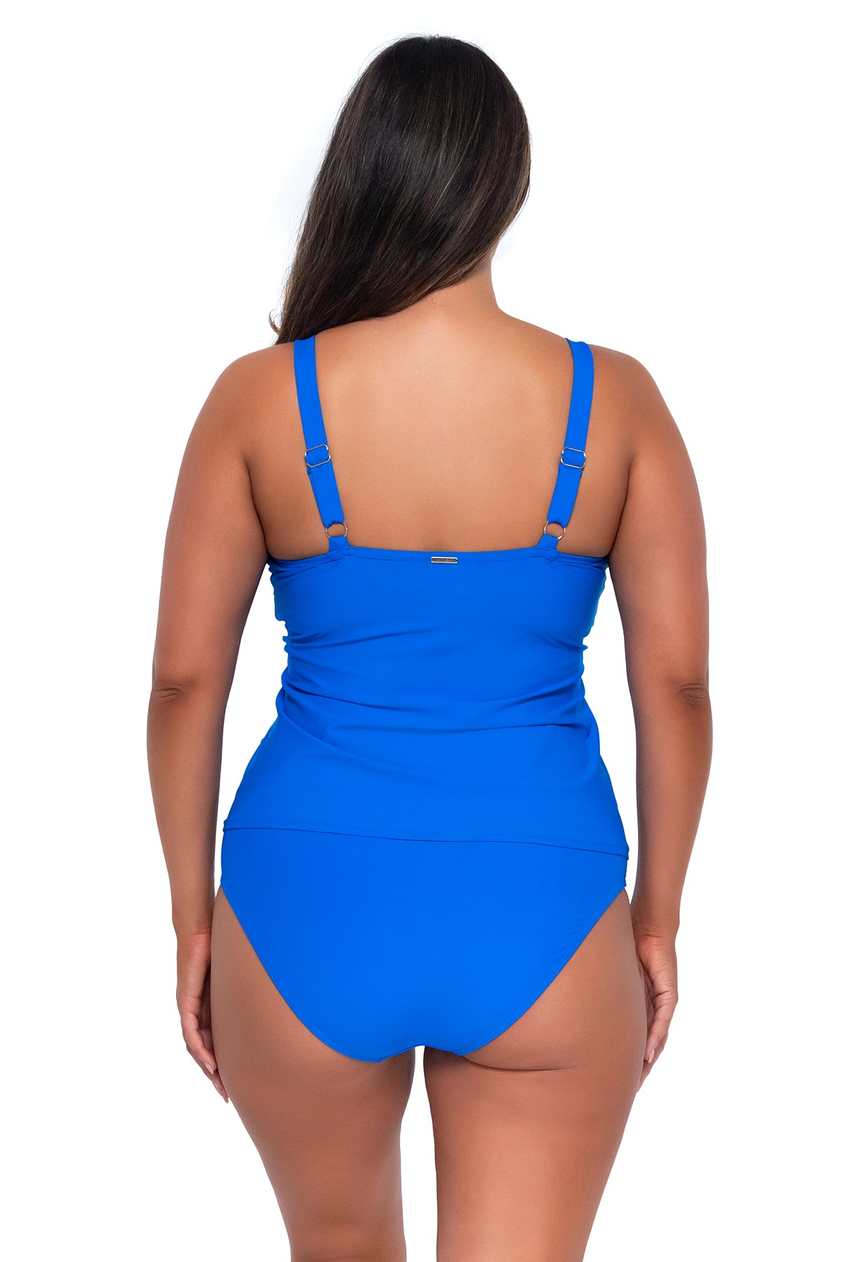 Back pose #1 of Nicky wearing Sunsets Electric Blue Forever Tankini Top with matching Hannah High Waist bikini bottom